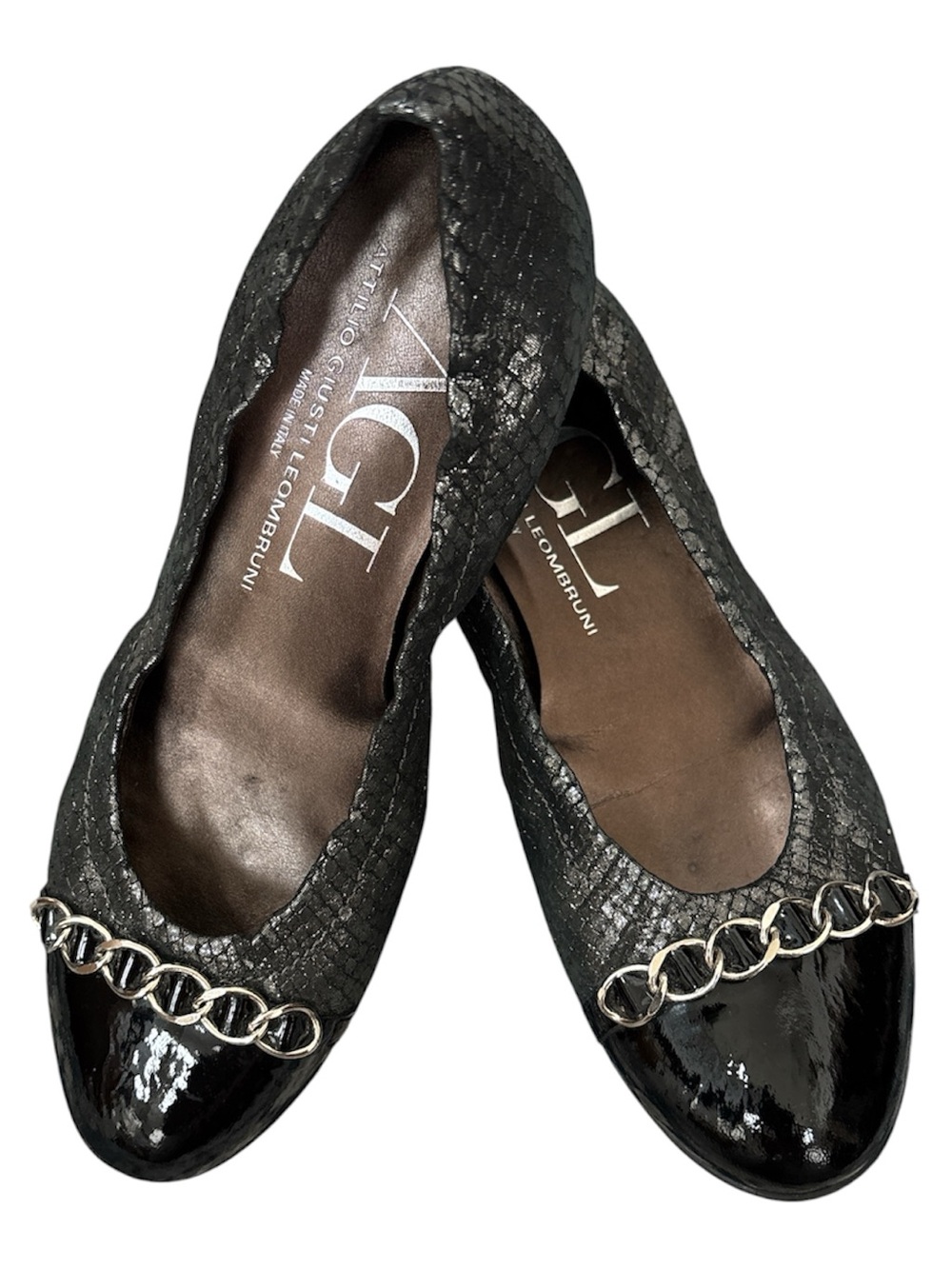 AGL Metallic Snakeskin and Patent Leather Slip-On Ballet Flats Black/Silver 36